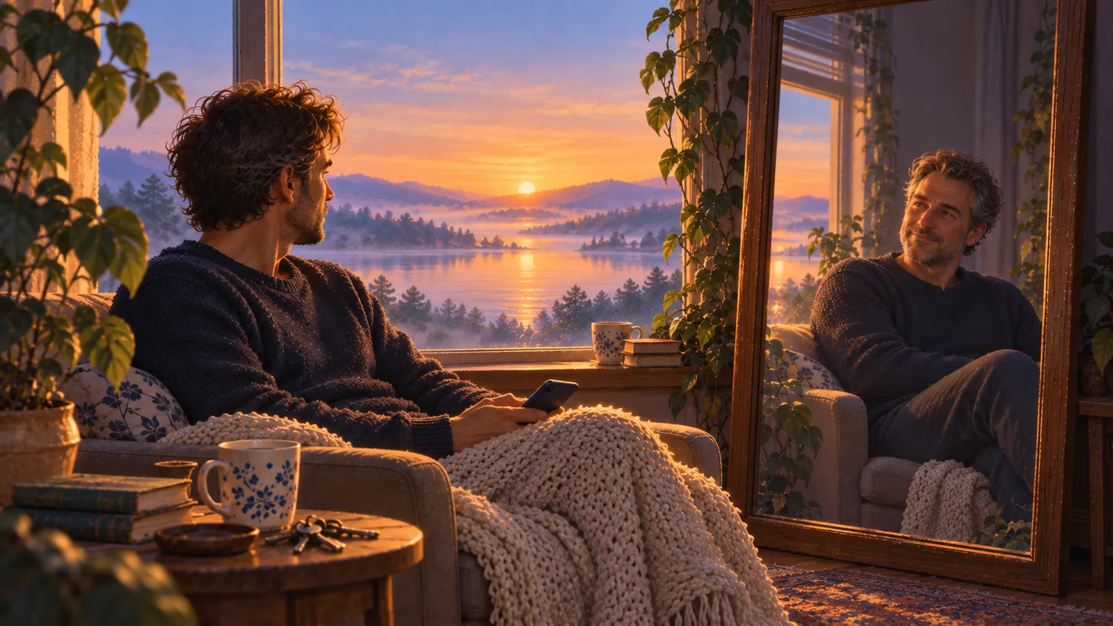 A man looks out of a window at dawn, phone in hand. From the mirror beside him, a slightly older version of himself smiles and patiently waits for him to turn around.